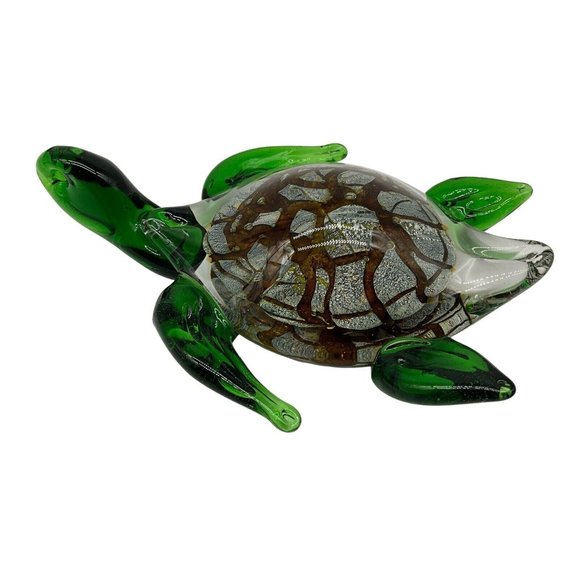 Italian Art Glass Sea Turtle Green Marbled Paperweight Gold Brown Marine - Picture 1 of 16
